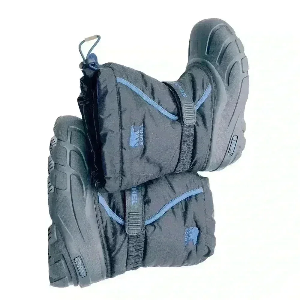 SOREL BIG KIDS WATERPROOF SNOW BOOTS BLACK/BLUE SIZE4 PREOWNED GREAT CONDITION